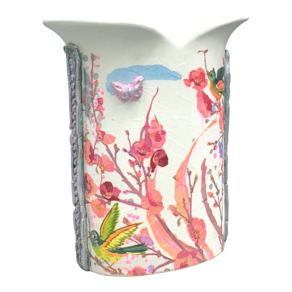 White Tulip Ceramic Italian Vase UpCycled With Decoupage and Hand Moulded Clay - Picture 8 of 13